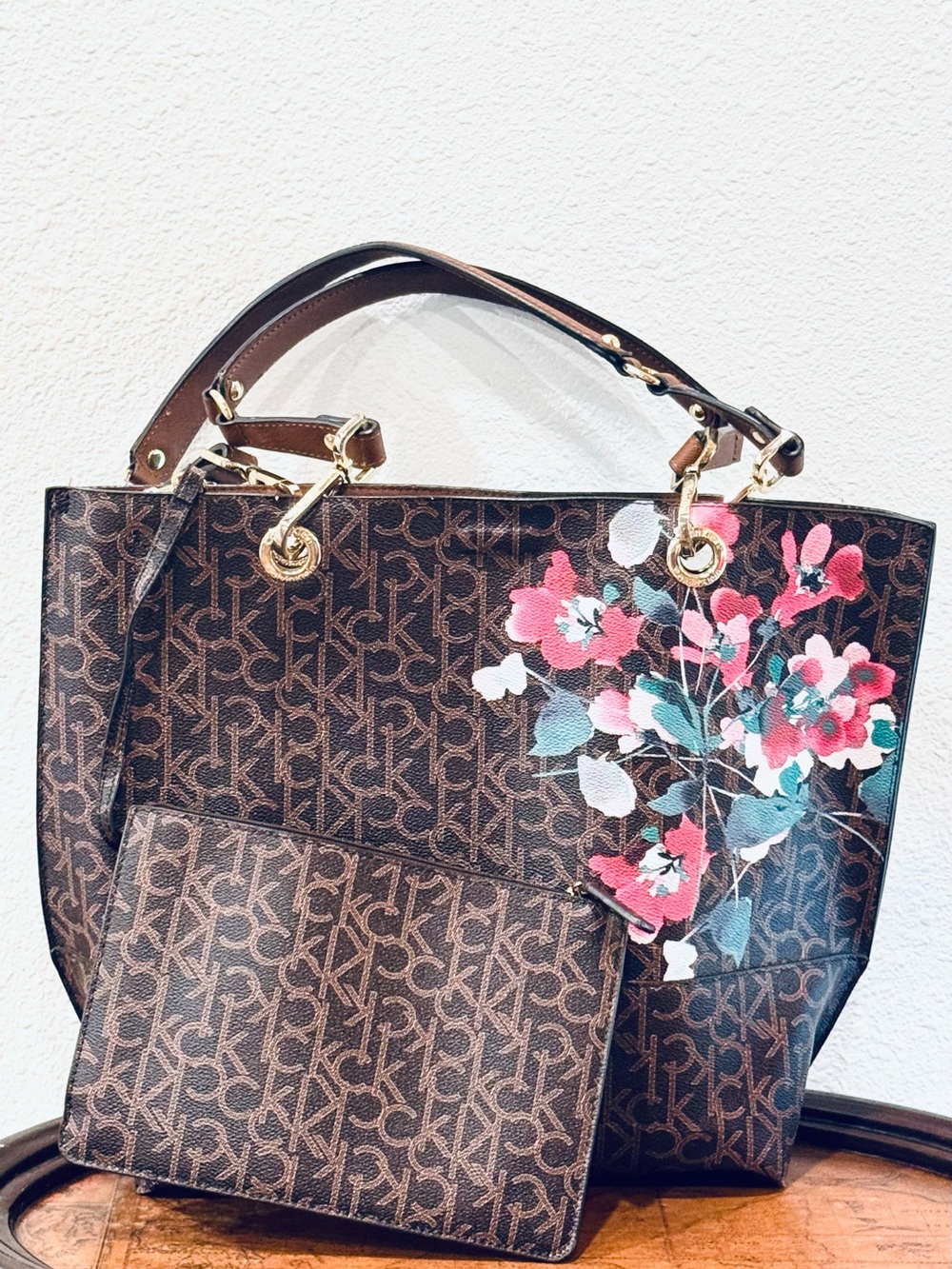 Calvin Klein Brown Sonoma Floral Printed Monogram Tote & Wristlet Like New